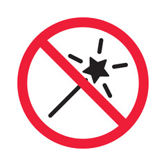 Obraz premium Forbidden magic wand vector icon. Warning, caution, attention, restriction, label, ban, danger. No magic stick flat sign design pictogram symbol. No miracle star icon