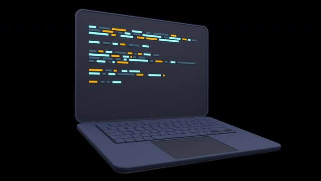 3d laptop and program code development. Web coding concept. Laptop with programming code. Laptop screen. Coding screen. Transparent background with alpha channel