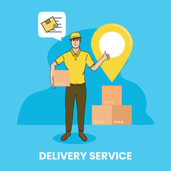 Delivery man in yellow uniform holding cardboard package