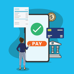 Payment illustration. Woman pays with credit card on big smartphone