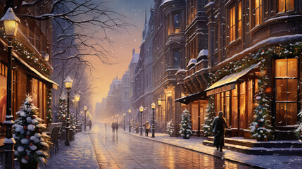 Fototapeta na wymiar Urban Festivity: Christmas Spirit Shines on a Snowy Evening Street