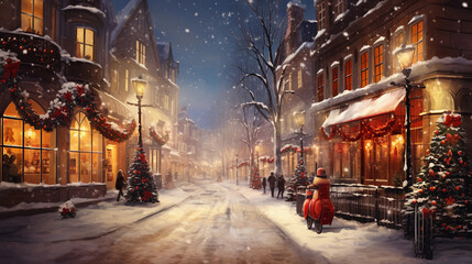 Fototapeta na wymiar Twinkling Cityscape: Christmas Decor Lights Up a Snowy Evening