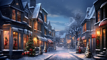 Fototapeta na wymiar Winter Wonderland: Christmas Magic on a Snowy City Street