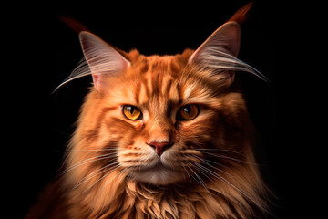Fototapeta premium Red Maine Coon close-up on a black background, portrait