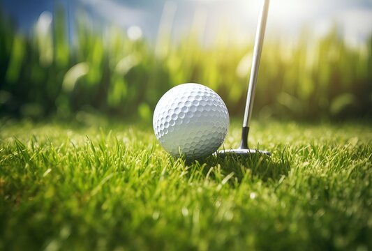 golf ball on green grass in sunlight