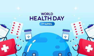 Vector graphic celebrating World Health Day including medical supplies Concept