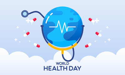 Vector graphic celebrating World Health Day including medical supplies Concept