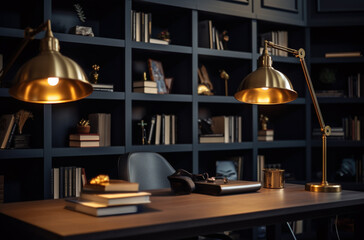 Modern interior design Office decorated in blue and gold in modern vintage style