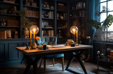 Fototapeta premium Modern interior design Office decorated in blue and gold in modern vintage style