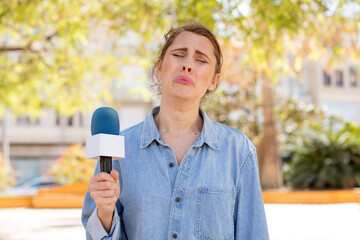 young pretty woman feeling sad and whiney with an unhappy look and crying. presenter and microphone...