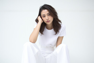 korean woman college student on a gray background with white shirt