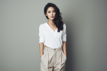 korean woman college student on a gray background with white shirt