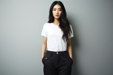 korean woman college student on a gray background with white shirt