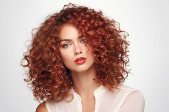 beautiful young woman with red curly hair at camera