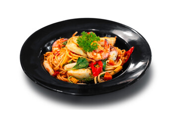 Seafood Infused Stir Fried Spaghetti : component spaghetti pasta stir fried with vegetables herb spicy mix seafood stir fried shrimp squid  with basil and chilli pepper on white background, Thai style