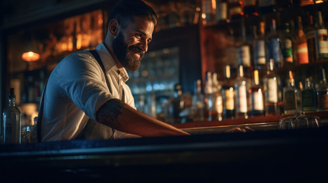 Cool male bartender serving craft beer at the bar