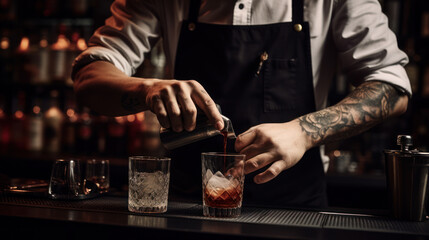 Professional bartender in black apron pours drink from shaker into glass