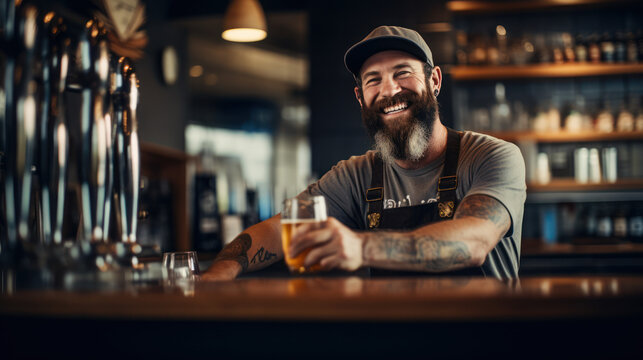 Cool male bartender serving craft beer at the bar