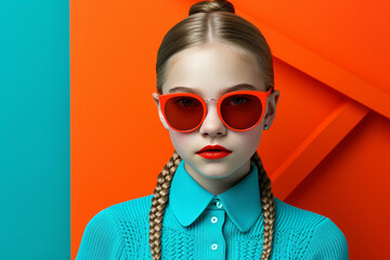 fashion young girl with braid and glasses is posing on a colorful background