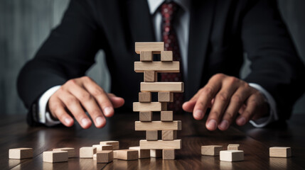 A businessman in a suit tries to build and hold up a wooden tower. Created with Generative AI technology.