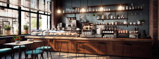 Empty coffee shop interior daytime with wooden design counter red brick wall in background. Created with Generative AI technology.