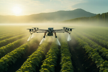 Person using drone irrigation to water the field. Modern watering concept