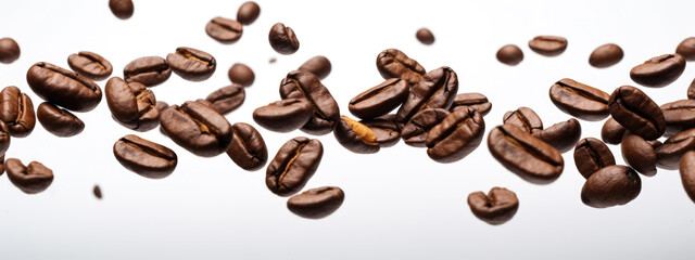 Obraz premium Coffee beans levitate on a white background. Created with Generative AI technology.