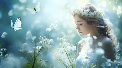 pretty woman wearing flower crown walking in flower blossom in the mist dreamy atmosphere, Generative Ai