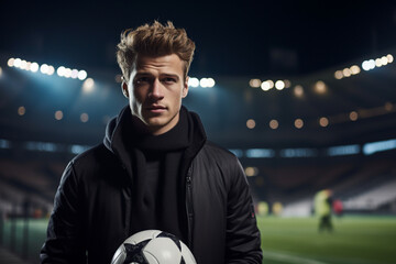 Soccer player holding ball on soccer field during night time