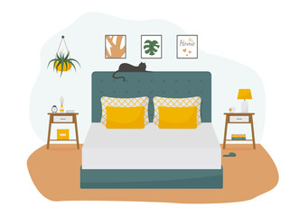 Cozy modern bedroom with a cat on a bed. Concept vector illustration in flat style.