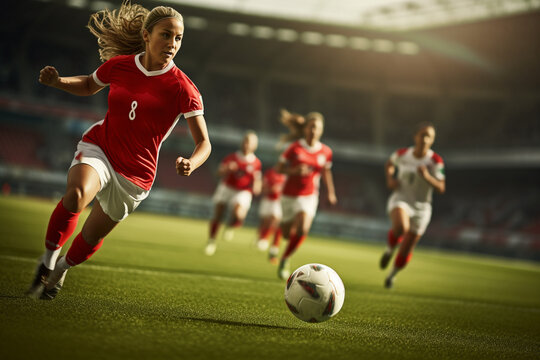 Female soccer player on soccer field during evening time