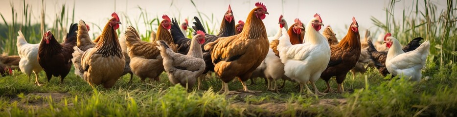 Fototapeta premium farm photo of chicken walking on the grass