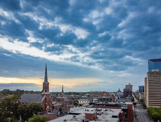Fototapeta premium Aerial view of Midwest American city of Lexington, KY skyline with morning traffic on the Main Street.