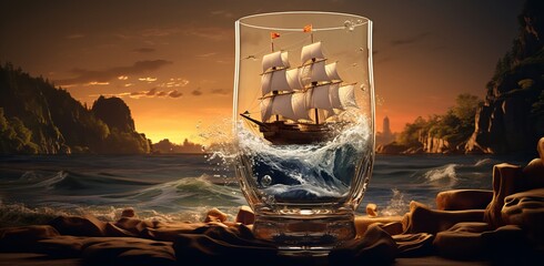 ship floats in the water in glass