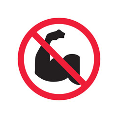 Forbidden muscle vector icon. Warning, caution, attention, restriction, label, ban, danger. No bodybuilder flat sign design pictogram symbol. No biceps icon