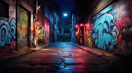 Fototapeta premium wet city street after rain at night time with colorful light and graffiti wall, Generative Ai
