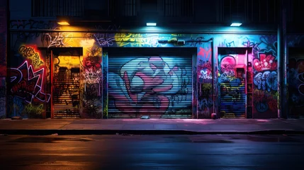 Papier Peint photo Graffiti graffiti street art painted on shutter door with street view, Generative Ai
