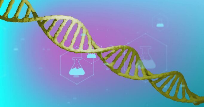 Animation of icons, dna strand over data processing