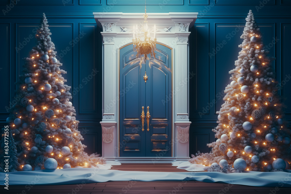 Wall mural blue christmas interior. living room with blue walls, blue sofa and gold and blue christmas decorati