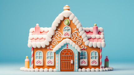 Christmas bakery. Festive traditional cookies. Gingerbread biscuit figure house with white icing isolated on blue pastel. 3d style