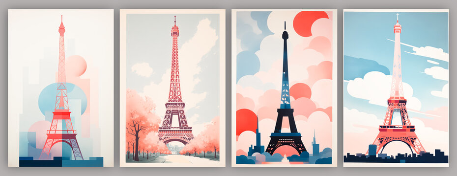 view of romantic Paris view, France. Cartoon style flat design, minimalist illustration