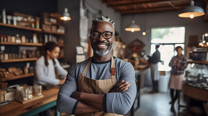 Obraz premium Successful small business owner standing with crossed arms with employees in background.?reated with Generative AI technology.