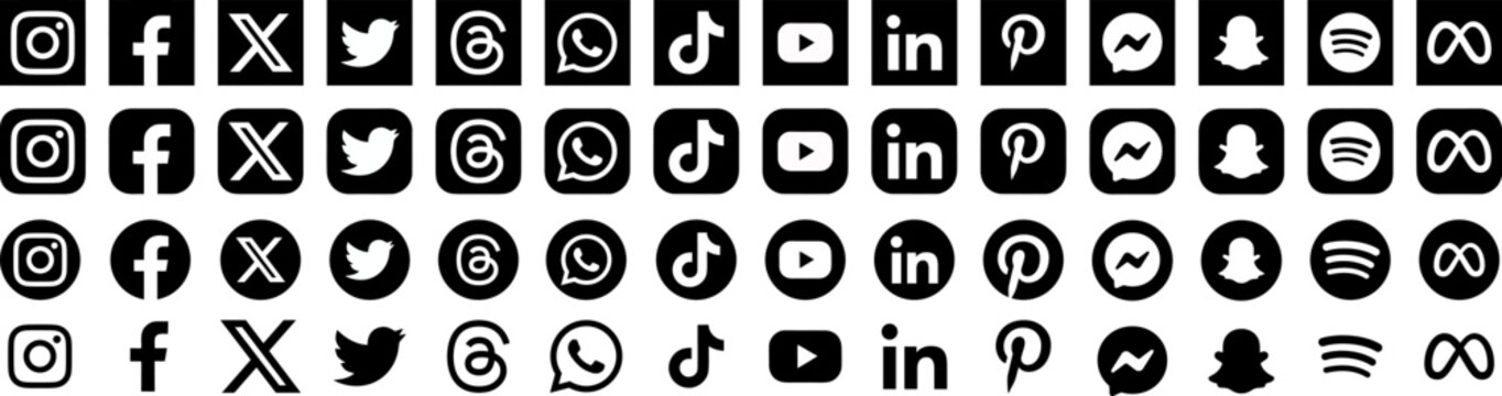 Social media icons. Instagram, Facebook, Twitter X, Threads, WhatsApp, TikTok, YouTube, LinkedIn, Snapchat black logo set. Vector editorial illustration