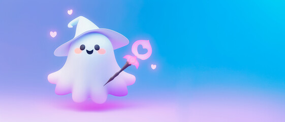 Obraz premium White ghost in hat and holding in hand fairy wand on a pastel blue background. Copy space