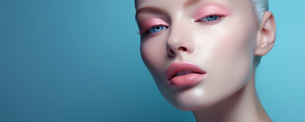 Close-up beauty portrait of a young woman with pink makeup on a blue background