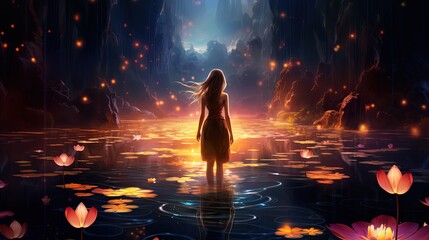 pretty woman walking in the secret waterlily pond at night time, generative Ai - obrazy, fototapety, plakaty
