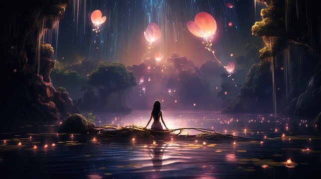 pretty woman walking in the secret waterlily pond at night time, generative Ai