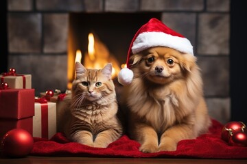 Fototapeta na wymiar cat and dog wearing adorable Santa Claus outfits while sitting side by side next to a festively adorned fireplace 