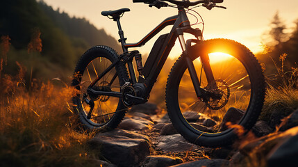 Obraz premium A Tranquil Illustration of Bicycles Amidst the Evening Glow. Generative AI