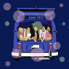 Road trip travel friends in blue car trunk in luminous snowy night scene. Warm and happy mood. People leisure activity vector illustration